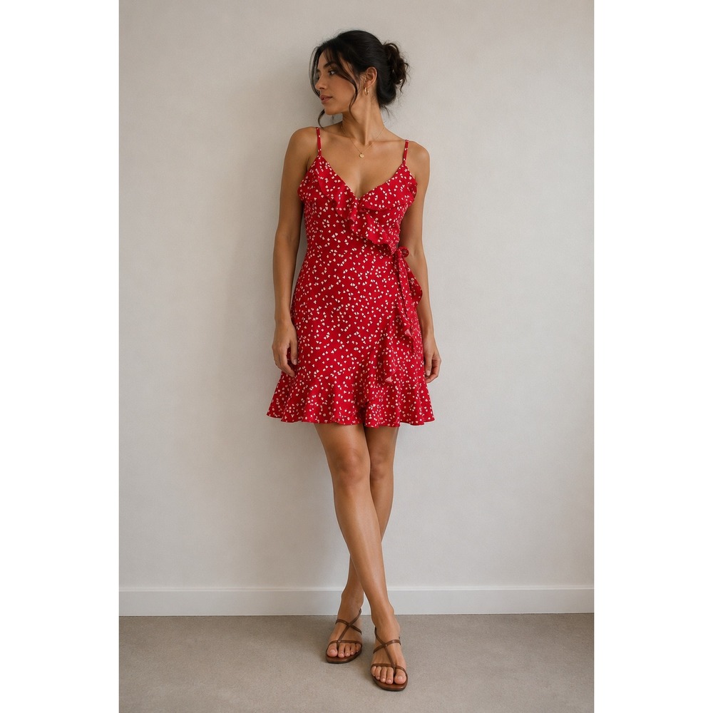 SHEIN Red Heart Print Ruffle Wrap Mini Dress Small Coquette Valentine's Y2K ❤️✨